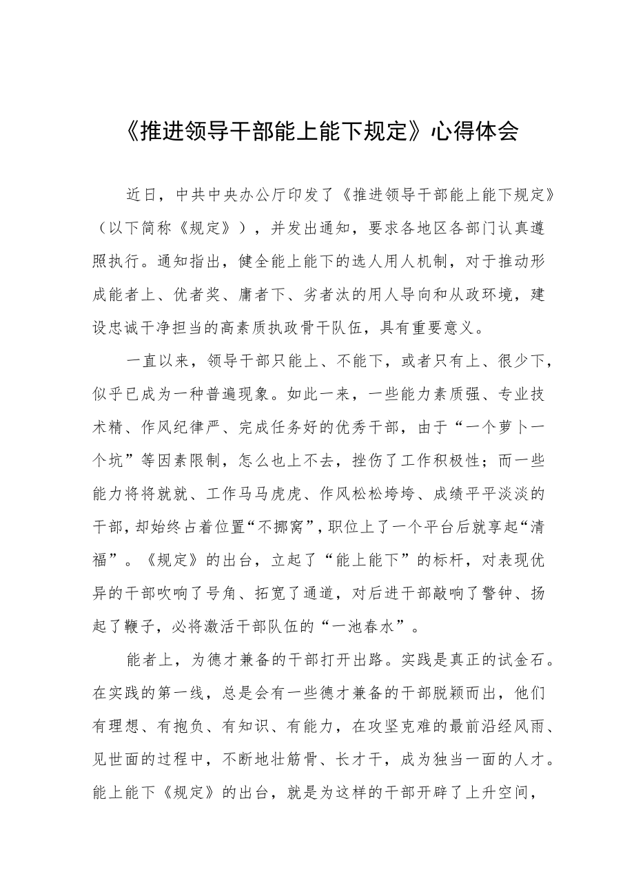 《推进领导干部能上能下规定》心得体会范文精选汇编.docx_第1页