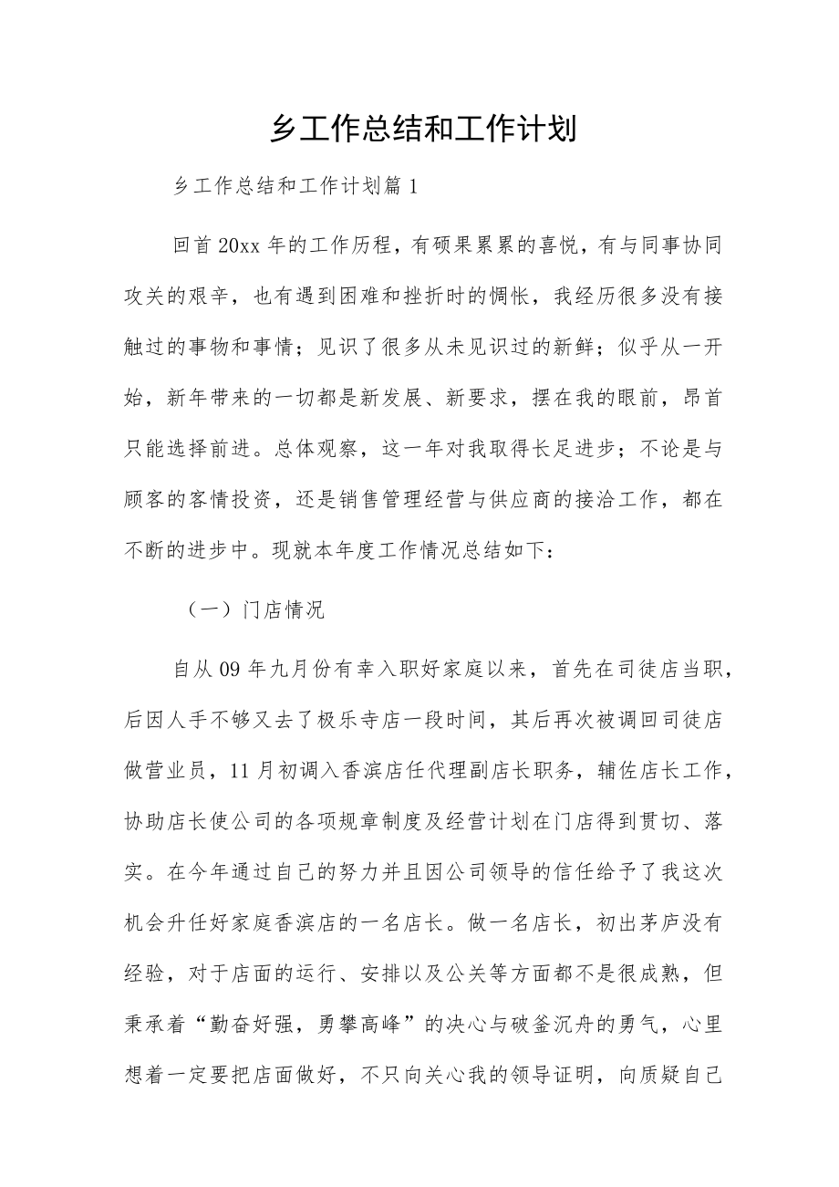 乡工作总结和工作计划.docx_第1页