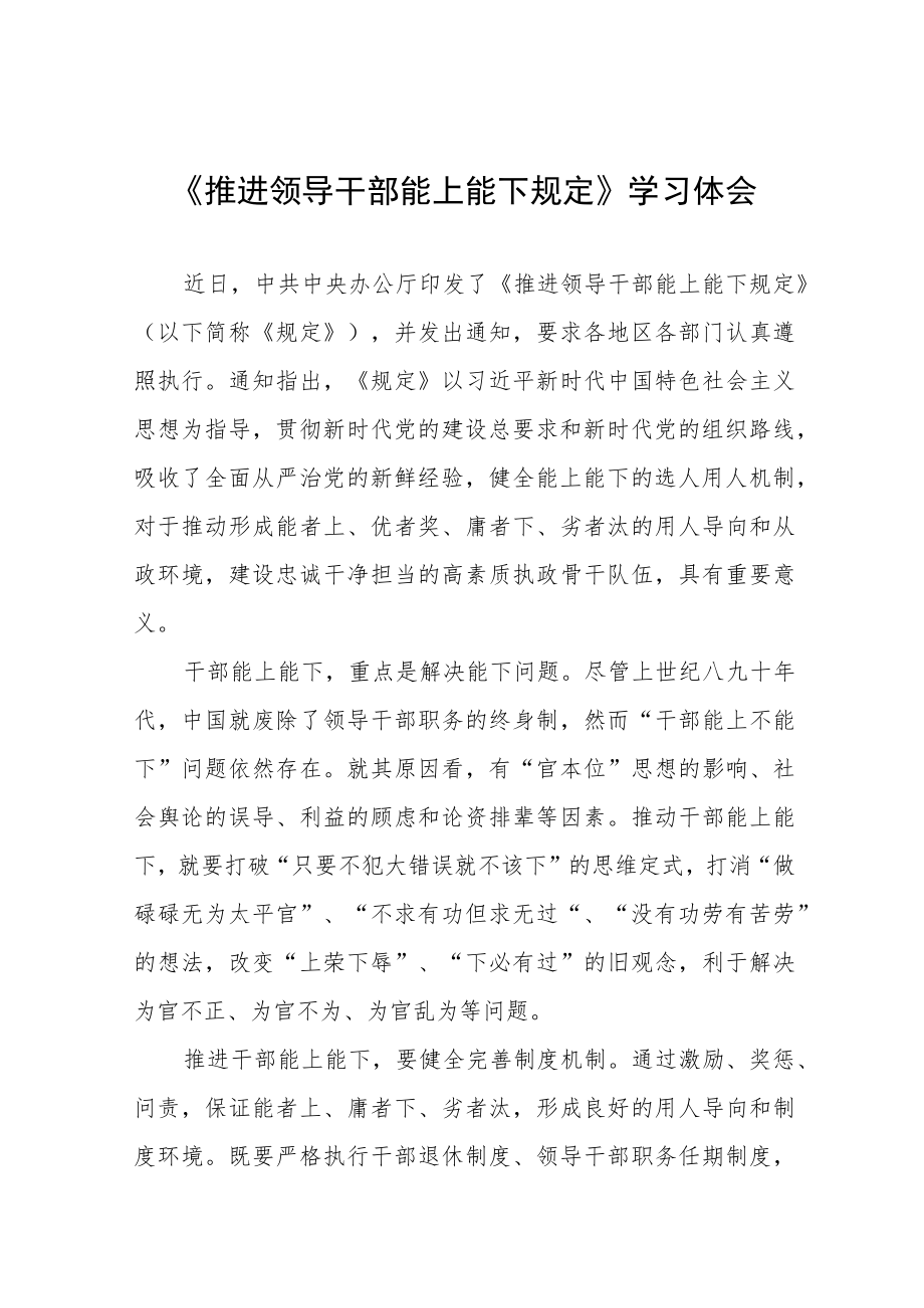 2022领导干部学习《推进领导干部能上能下规定》心得体会发言稿七篇.docx_第1页