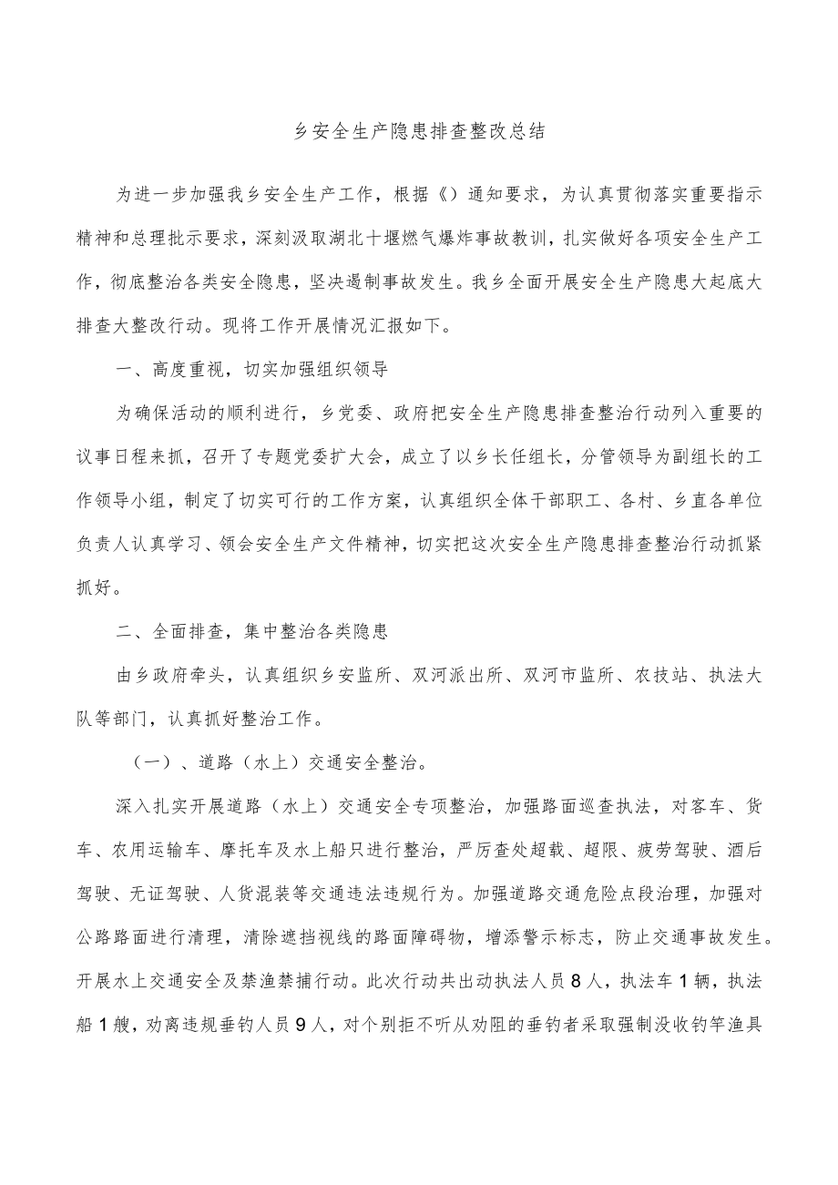 乡安全生产隐患排查整改总结.docx_第1页