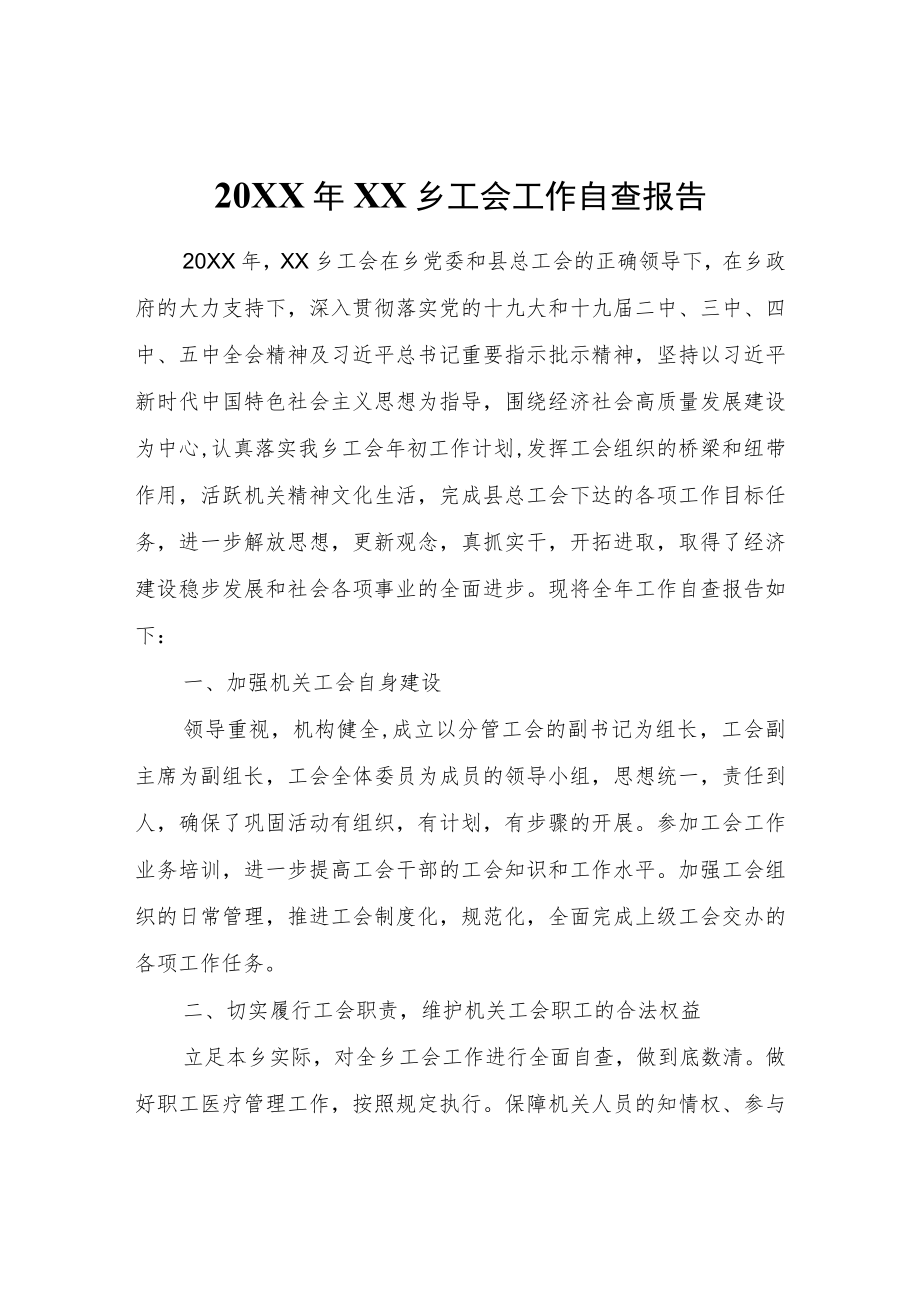 XX乡工会工作自查报告.docx_第1页