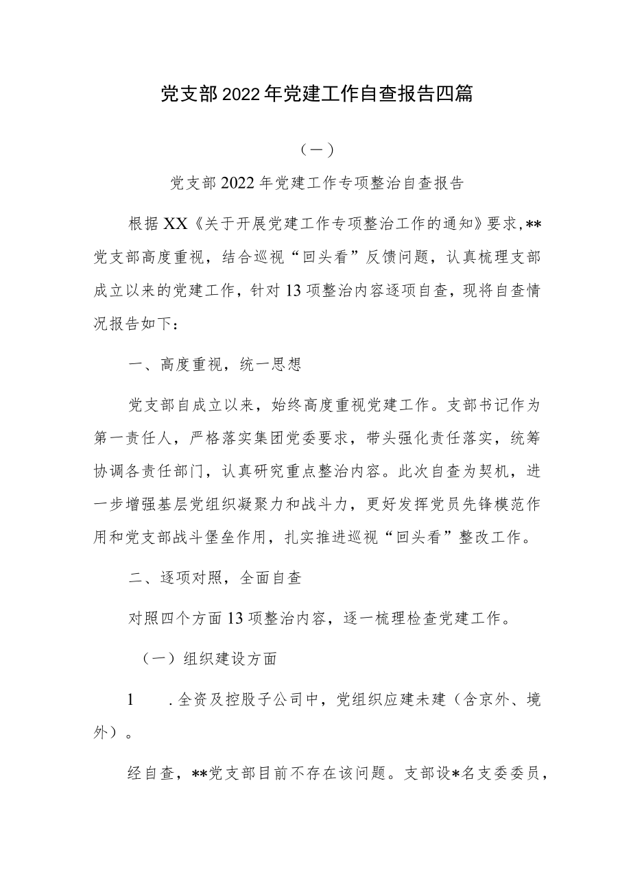 党支部2022年党建工作自查报告四篇.docx_第1页