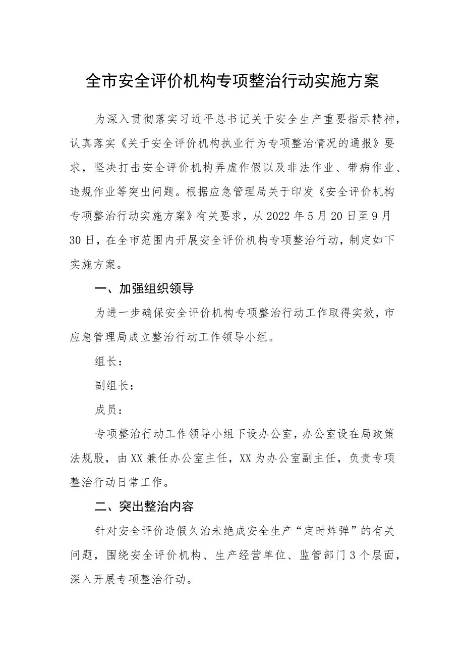 全市安全评价机构专项整治行动实施方案.docx_第1页