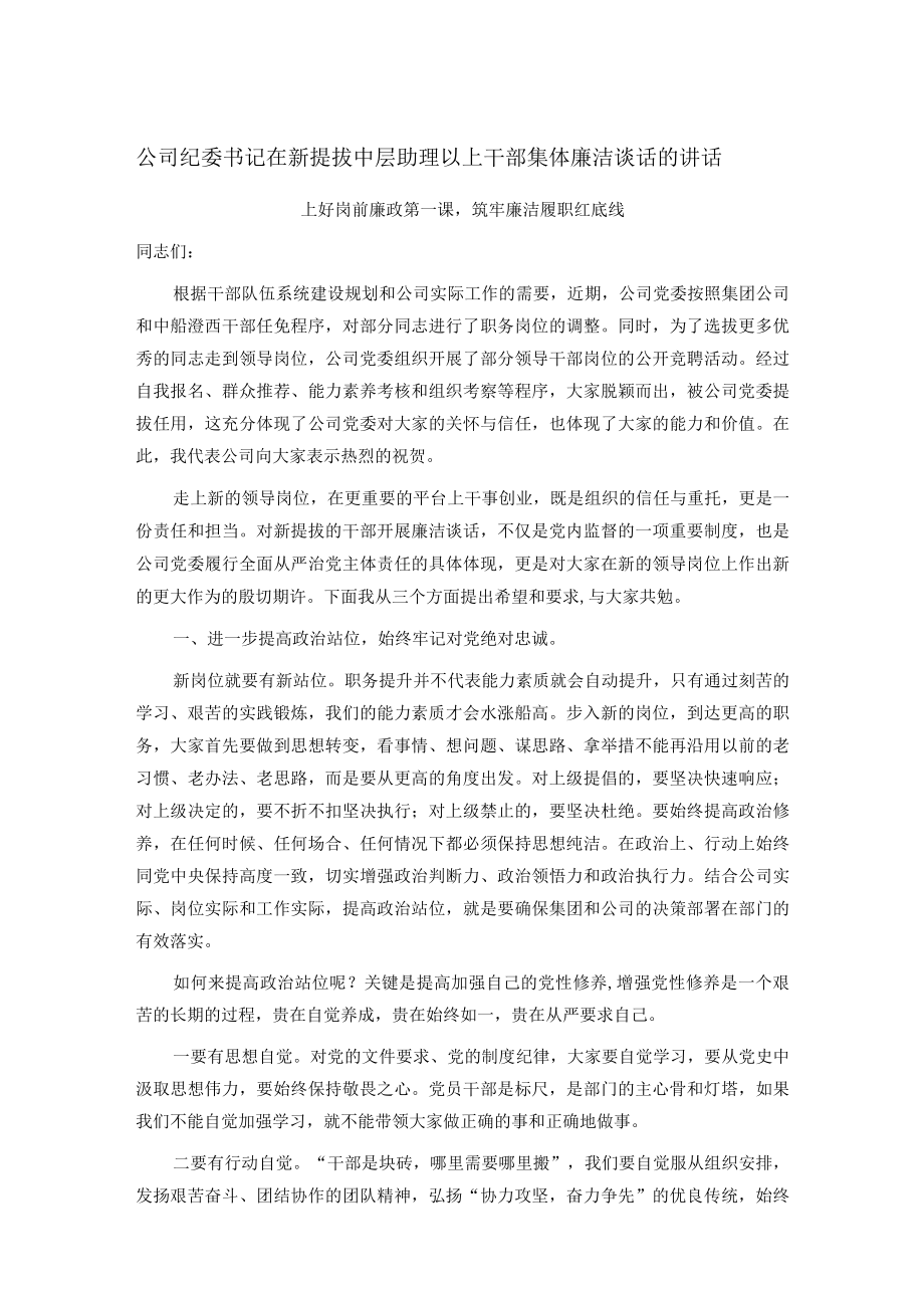 公司纪委书记在新提拔中层助理以上干部集体廉洁谈话的讲话.docx_第1页