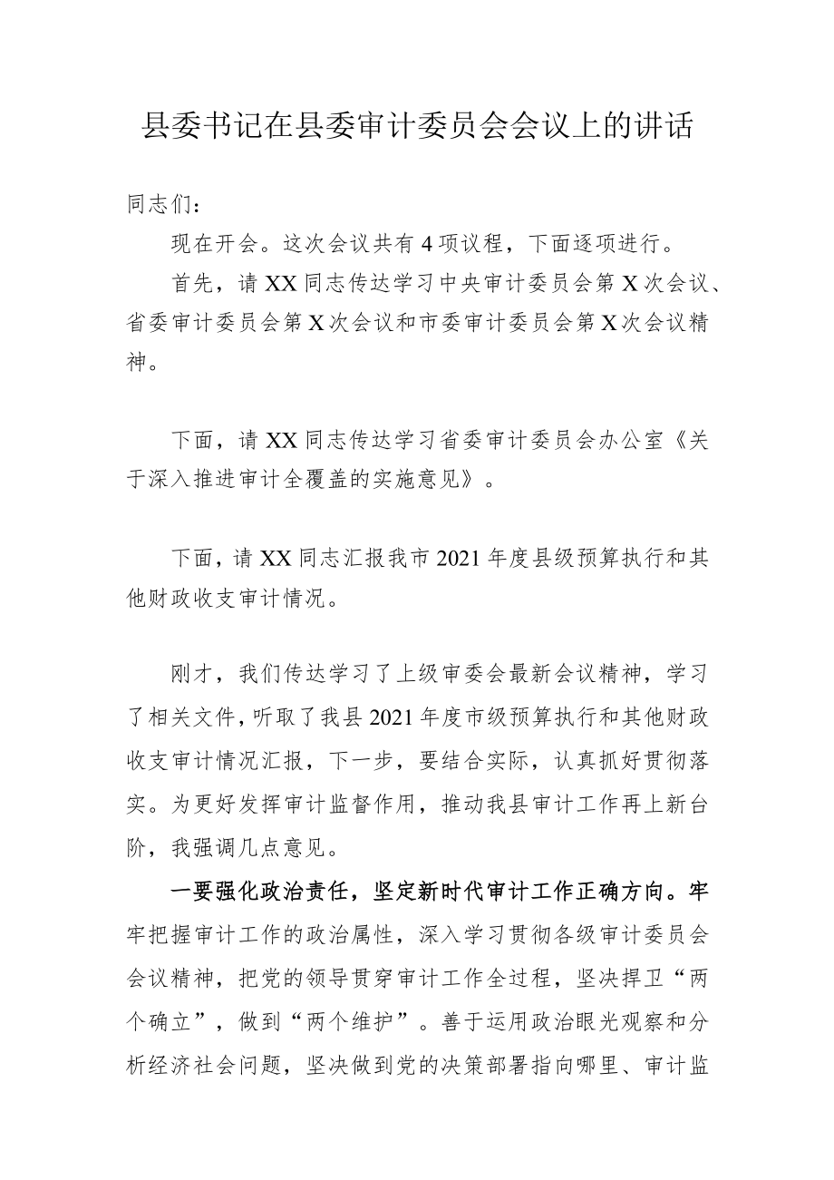 县委书记在县委审计委员会会议上的讲话.docx_第1页