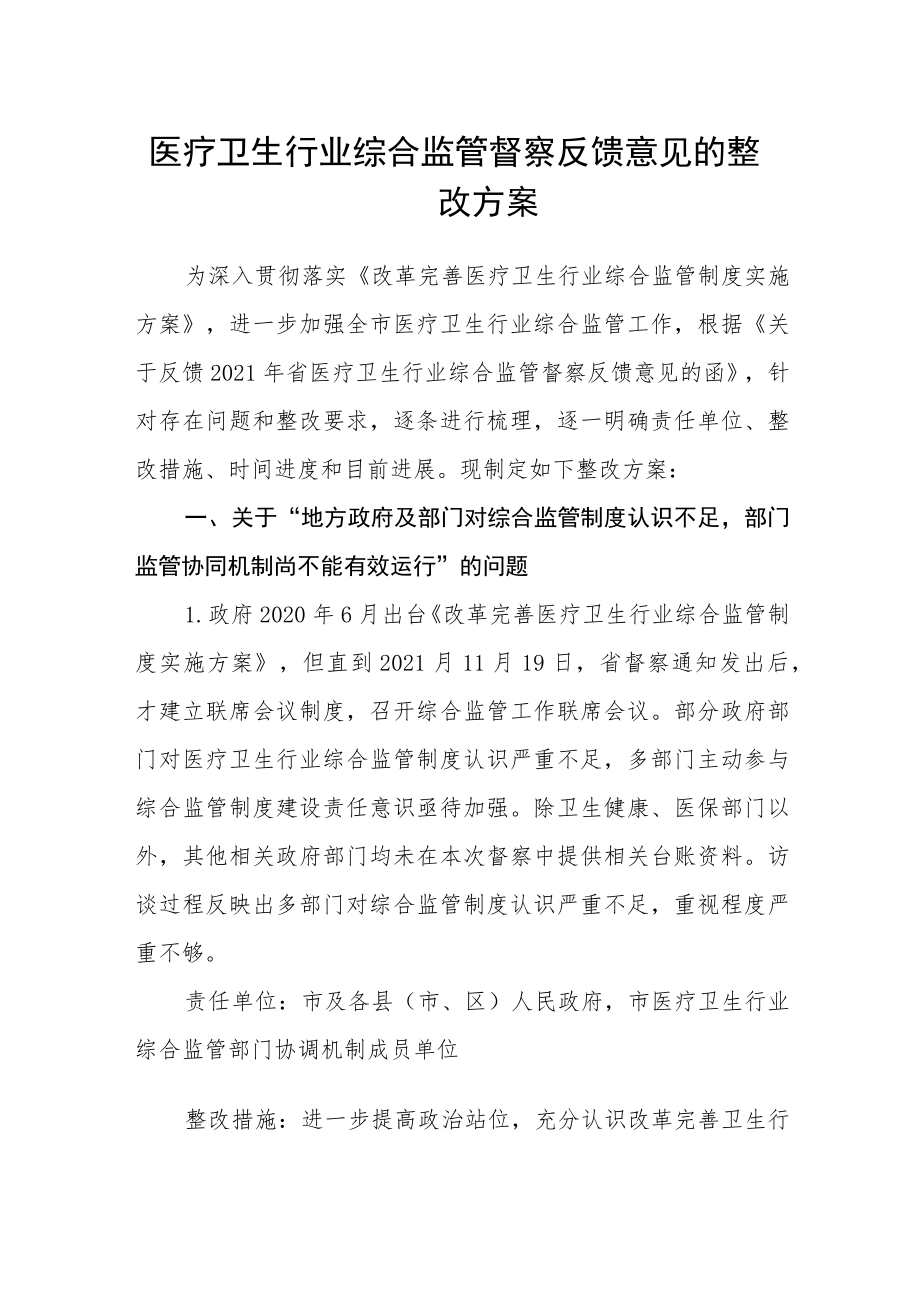 医疗卫生行业综合监管督察反馈意见的整改方案.docx_第1页