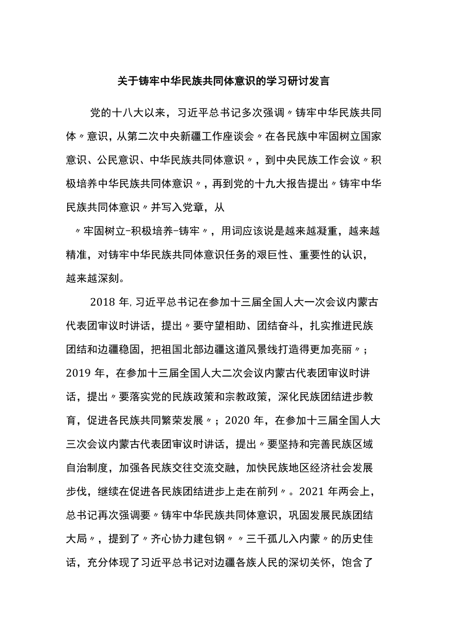 关于铸牢中华民族共同体意识的学习研讨发言(1).docx_第1页