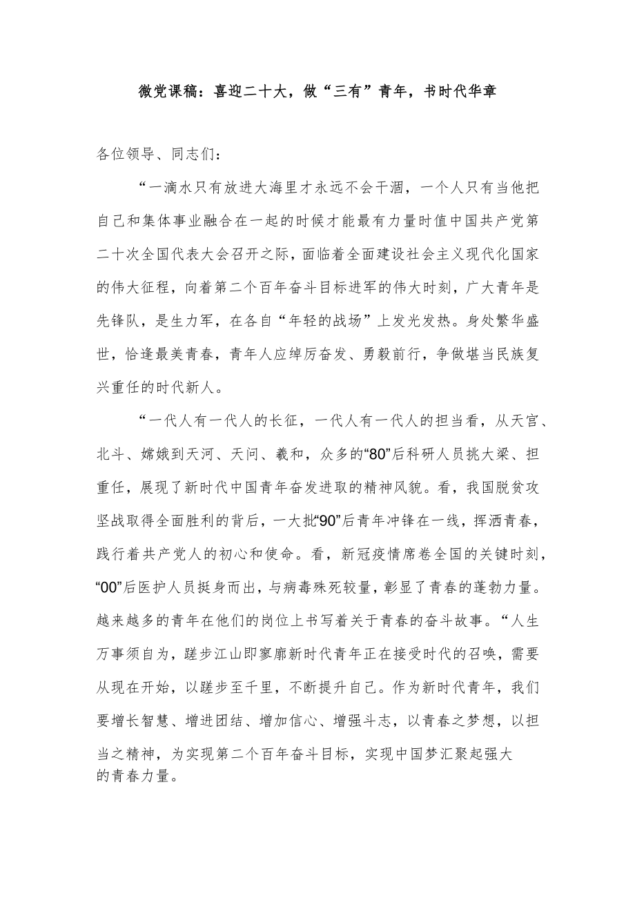 喜迎二十大奋进新征程做“三有”青书时代华章真抓实干有理想微党课讲稿3篇.docx_第2页