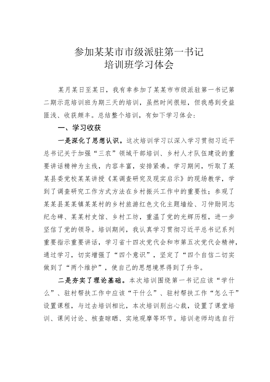 参加某某市市级派驻第一书记培训班学习体会.docx_第1页