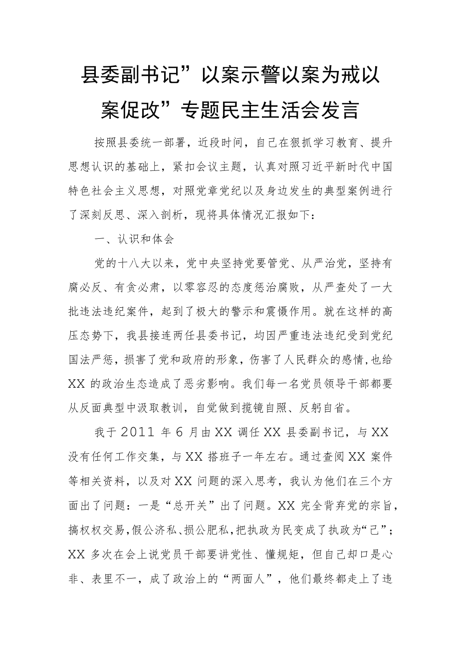 县委副书记“以案示警 以案为戒 以案促改”专题民主生活会发言.docx_第1页