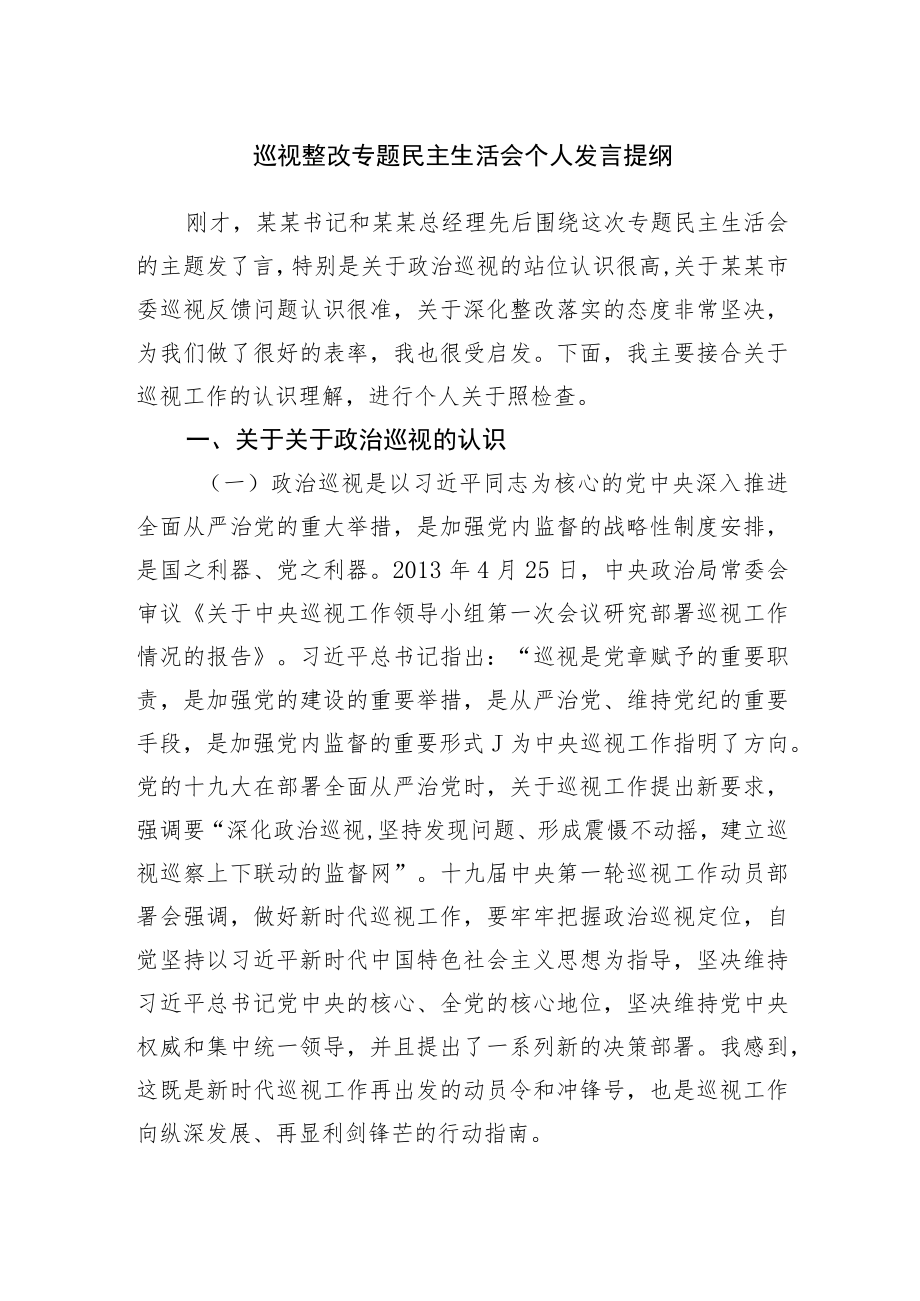 巡视整改专题民主生活会个人发言提纲.docx_第1页