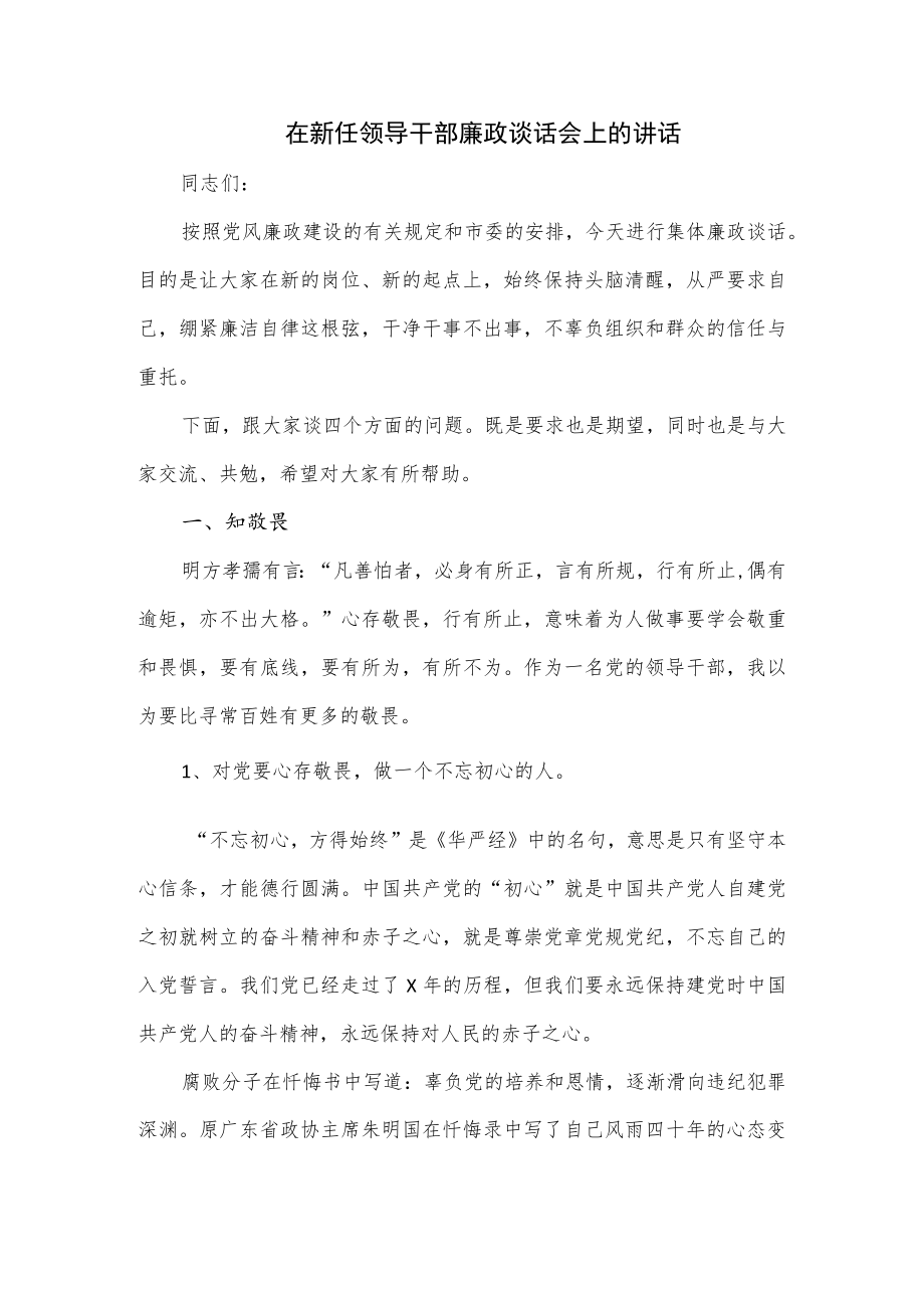 在新任领导干部廉政谈话会上的讲话优选.docx_第1页