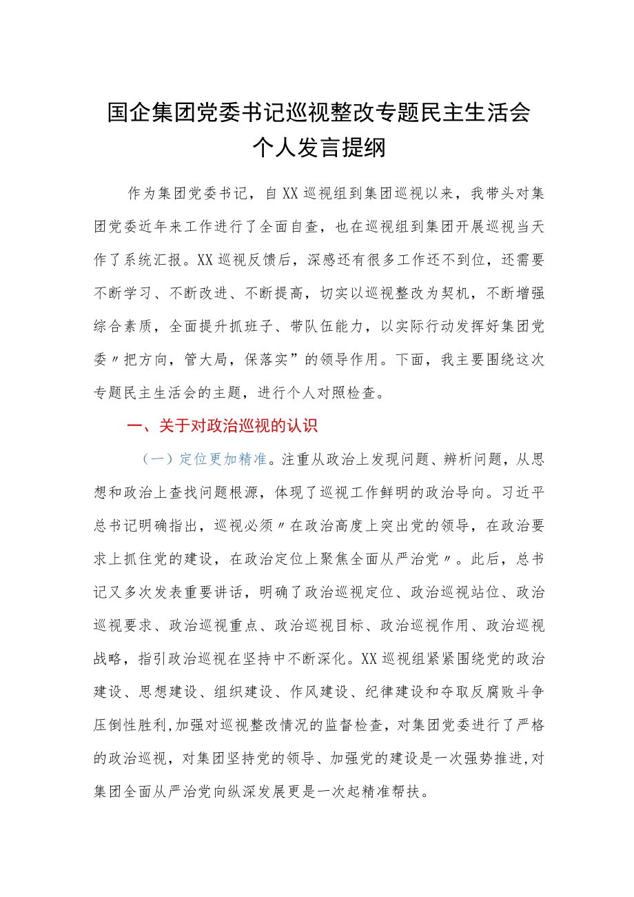 国企集团党委书记巡视整改专题民主生活会个人发言提纲.docx_第1页