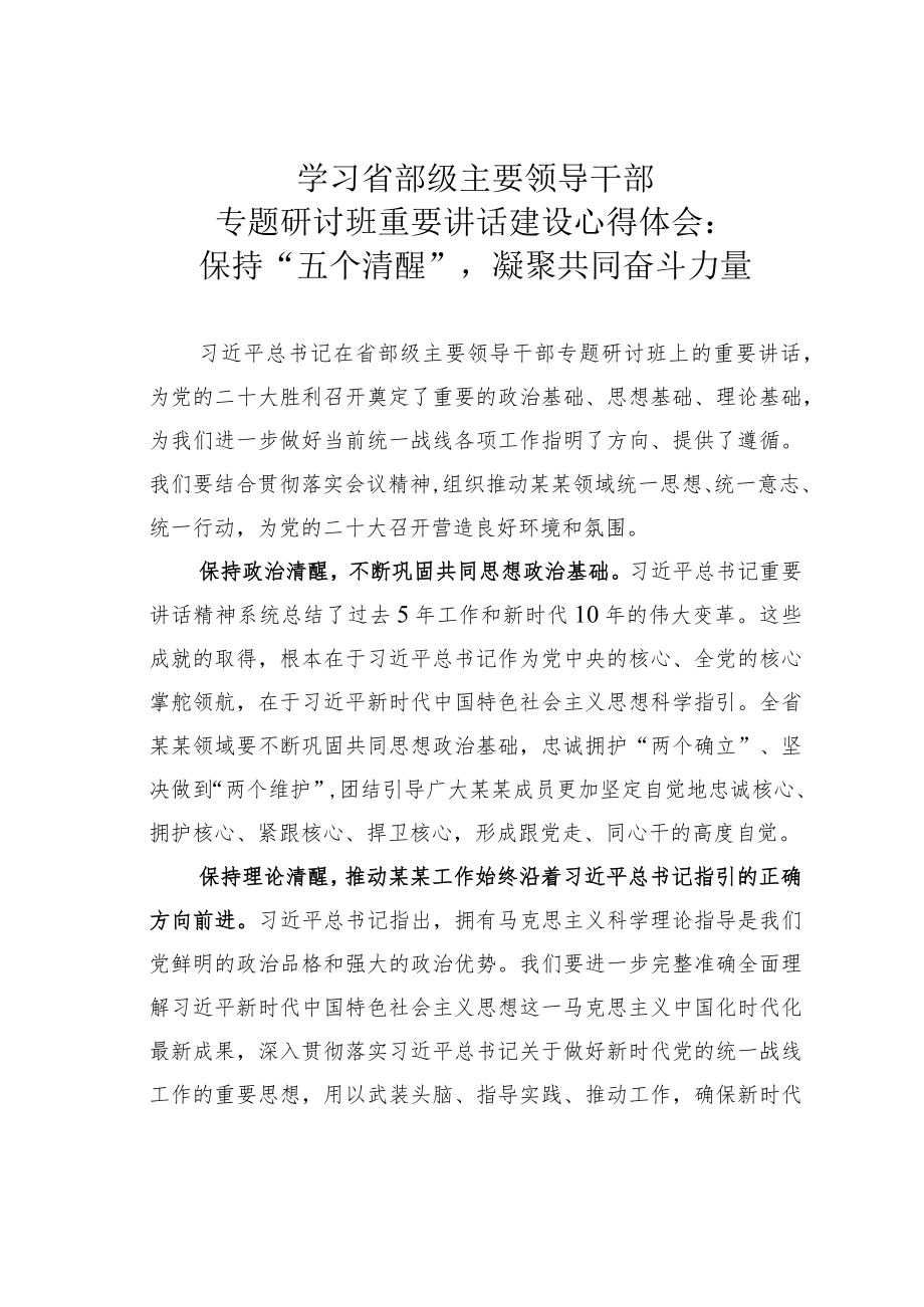 学习省部级主要领导干部专题研讨班重要讲话建设心得体会：保持“五个清醒”凝聚共同奋斗力量.docx_第1页