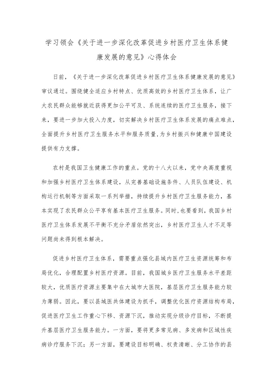 学习领会《关于进一步深化改革促进乡村医疗卫生体系健康发展的意见》心得体会.docx_第1页