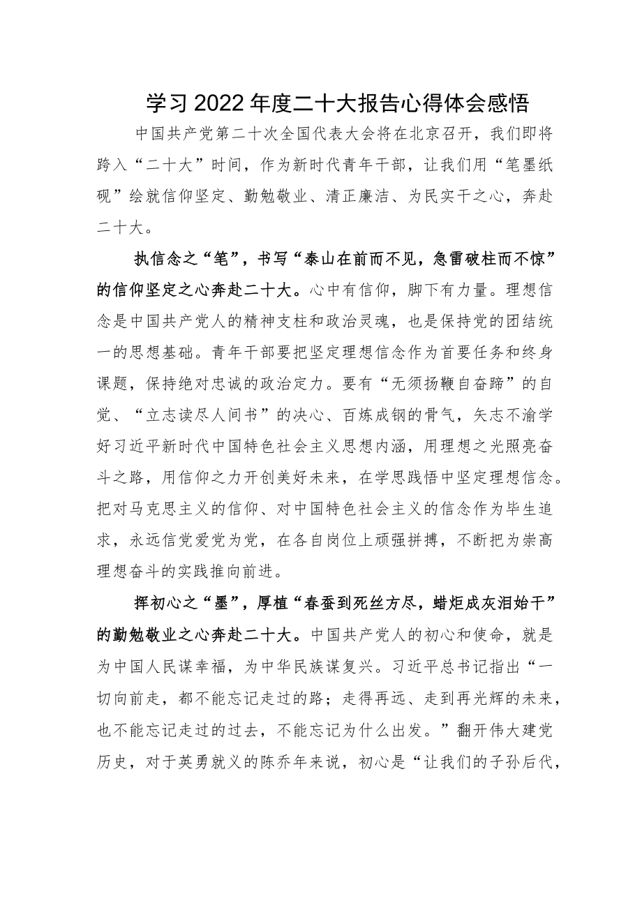 学习2022年度二十大报告心得体会感悟.docx_第1页