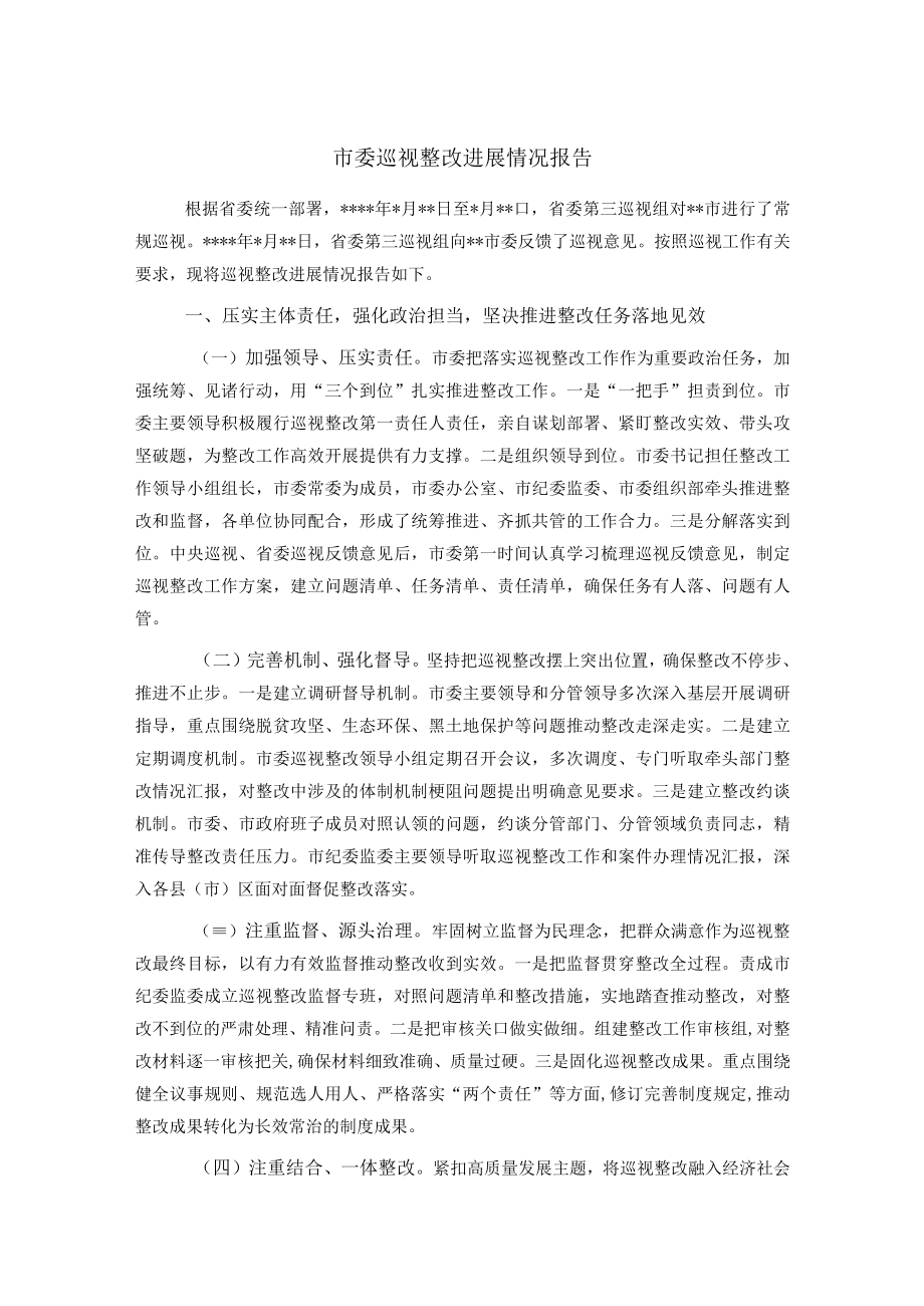 市委巡视整改进展情况报告.docx_第1页