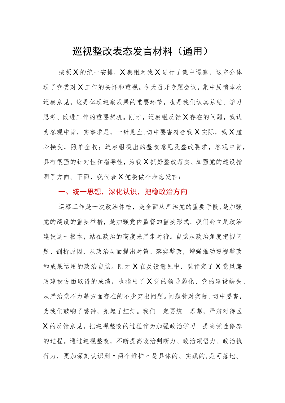 巡视整改表态发言材料通用.docx_第1页