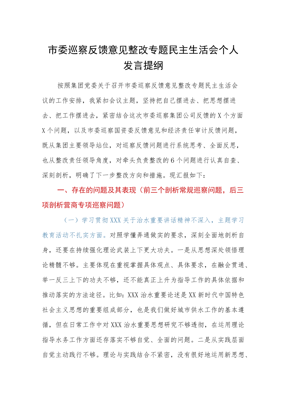 市委巡察反馈意见整改专题民主生活会个人发言提纲.docx_第1页