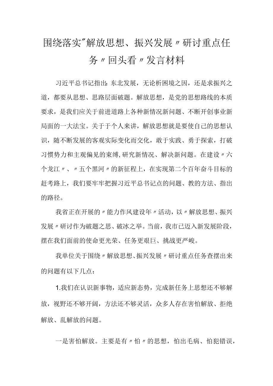 围绕落实“解放思想、振兴发展”研讨重点任务“回头看”发言材料.docx_第1页