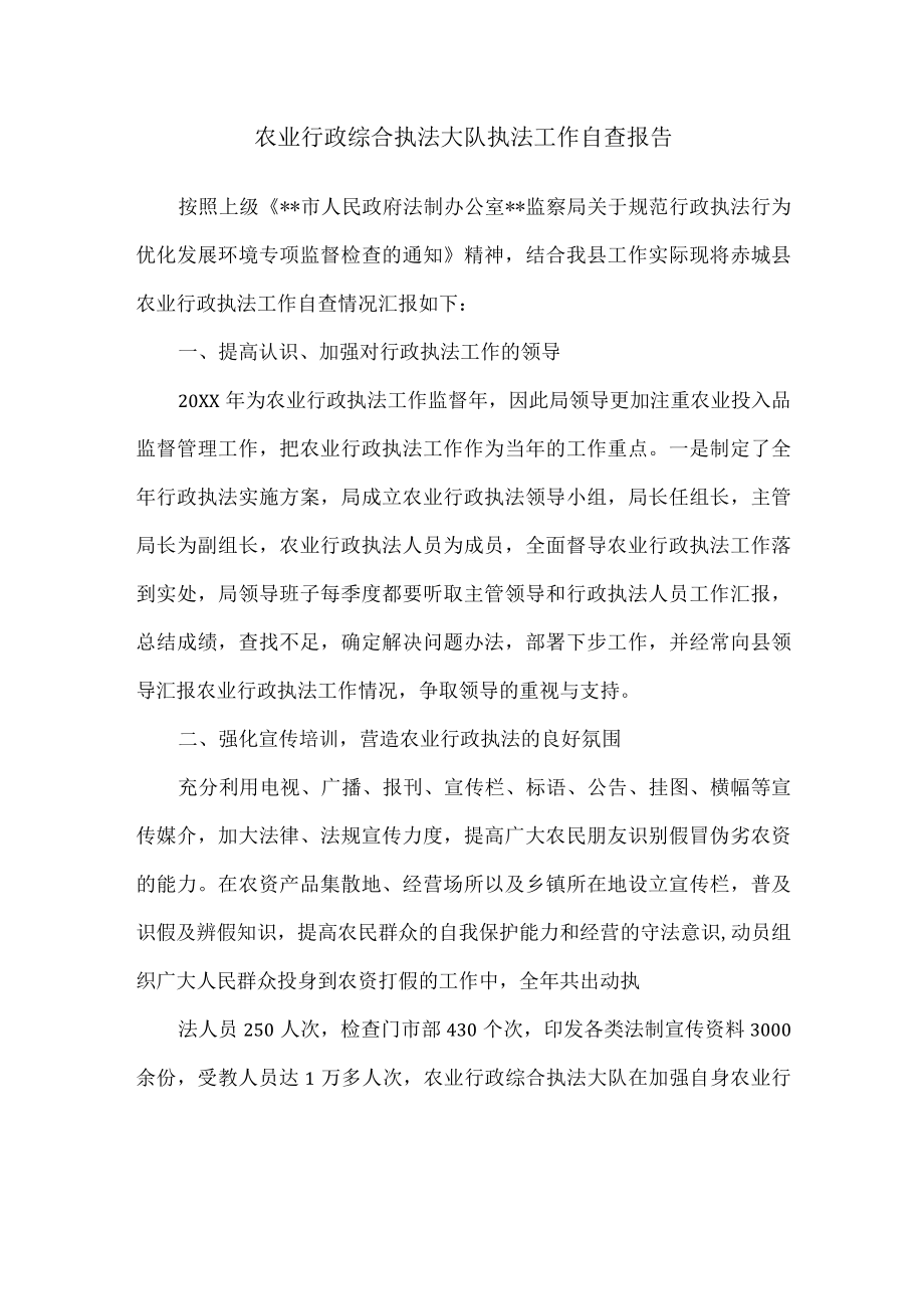 农业行政综合执法大队执法工作自查报告.docx_第1页