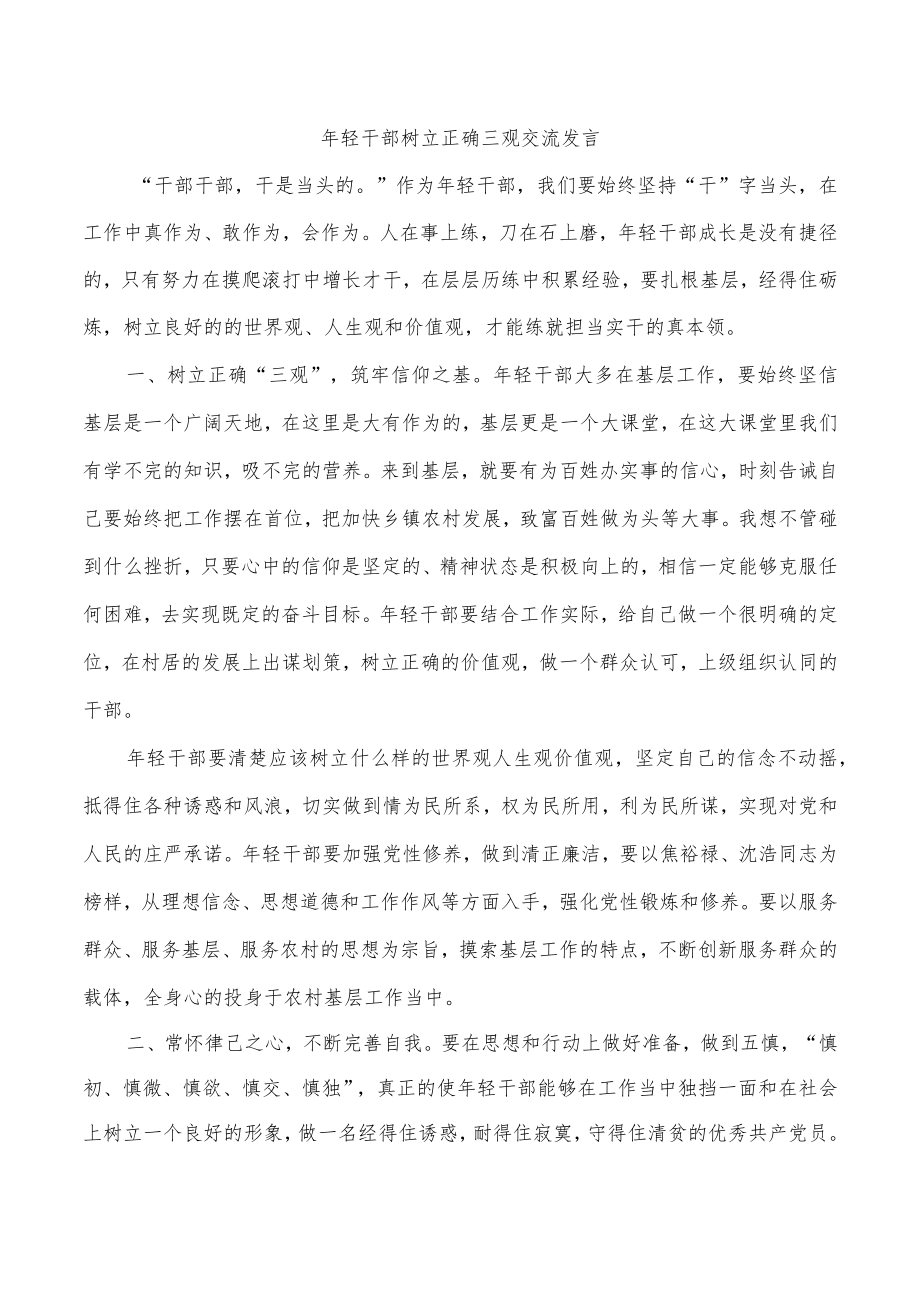 年轻干部树立正确三观交流发言.docx_第1页