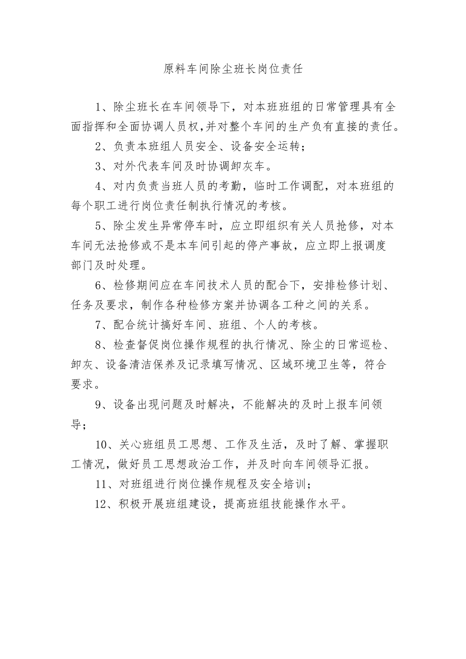 原料车间除尘班长岗位责任.docx_第1页