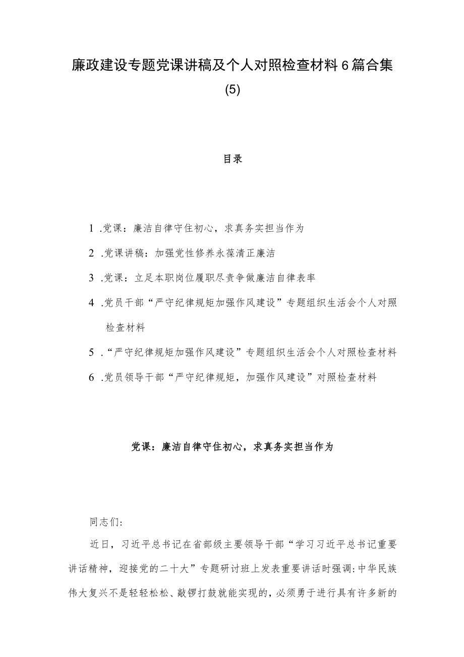 廉政建设专题党课讲稿及个人对照检查材料6篇合集（5）.docx_第1页