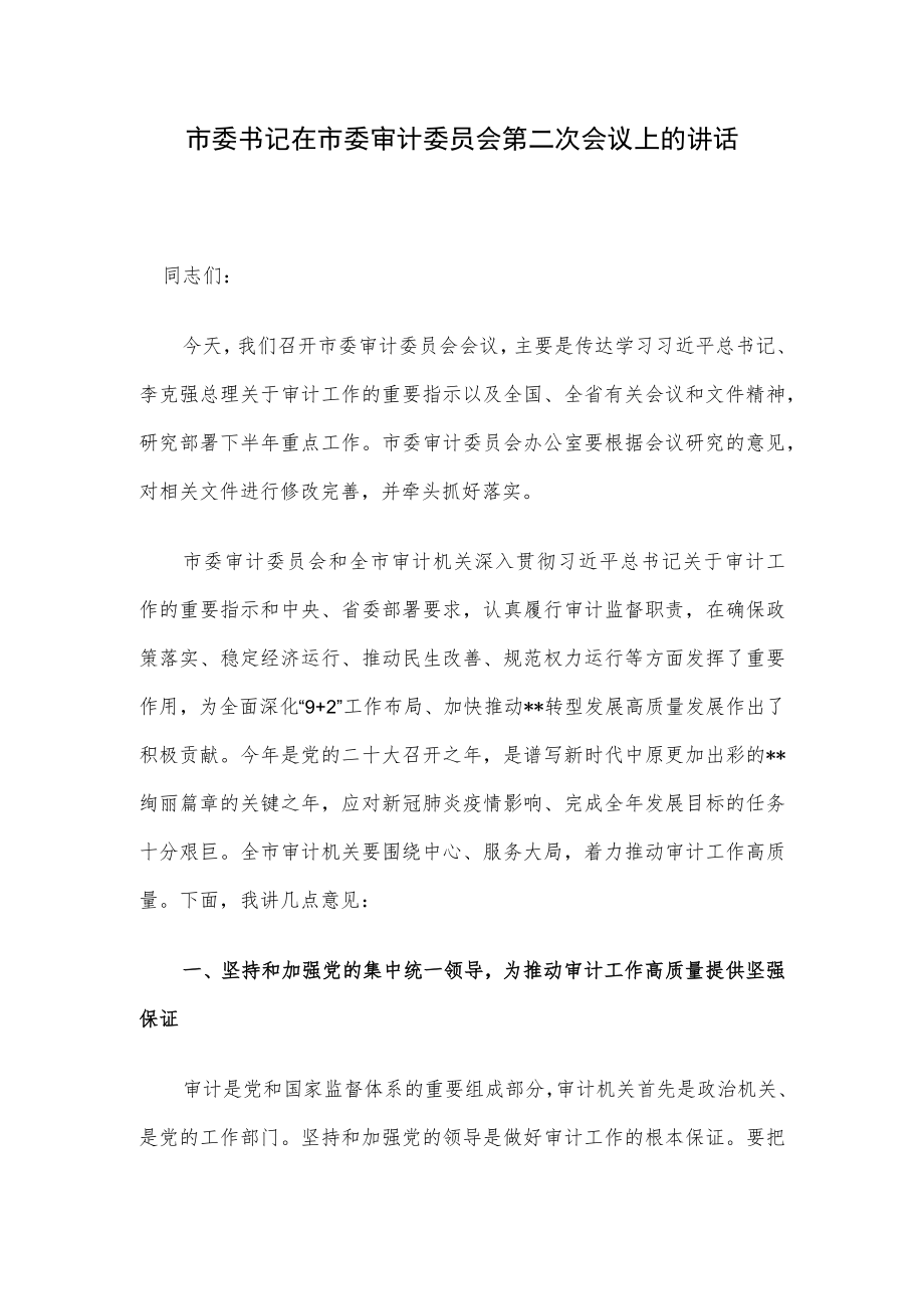 市委书记在市委审计委员会第二次会议上的讲话.docx_第1页