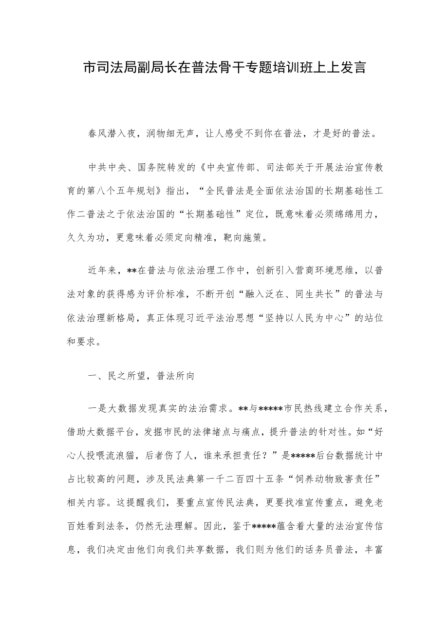 市司法局副局长在普法骨干专题培训班上上发言.docx_第1页