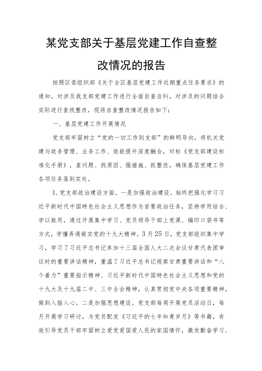 某党支部关于基层党建工作自查整改情况的报告.docx_第1页