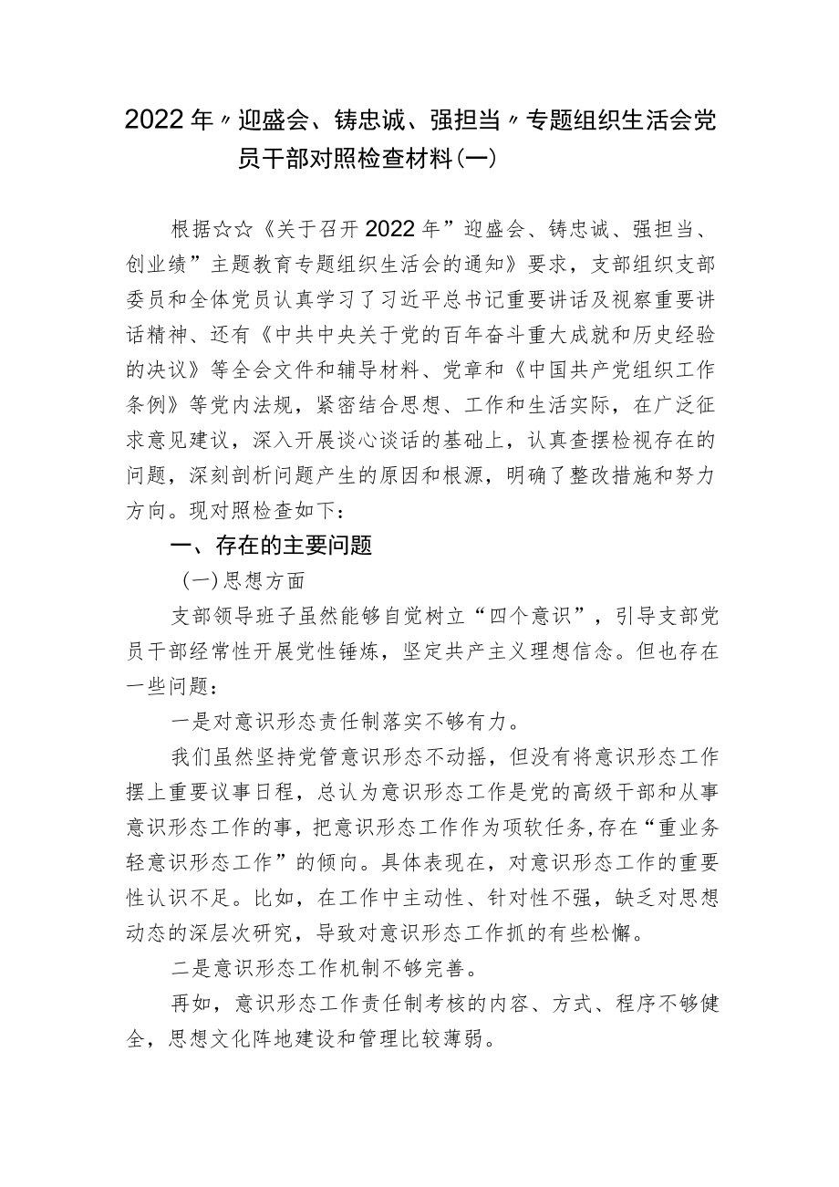 支部班子2022“迎盛会、铸忠诚、强担当”专题组织生活会班子对照检查材料.docx_第1页