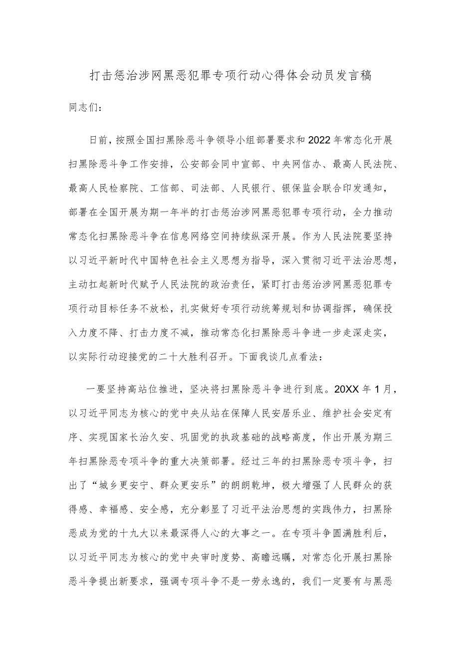 打击惩治涉网黑恶犯罪专项行动心得体会动员发言稿.docx_第1页