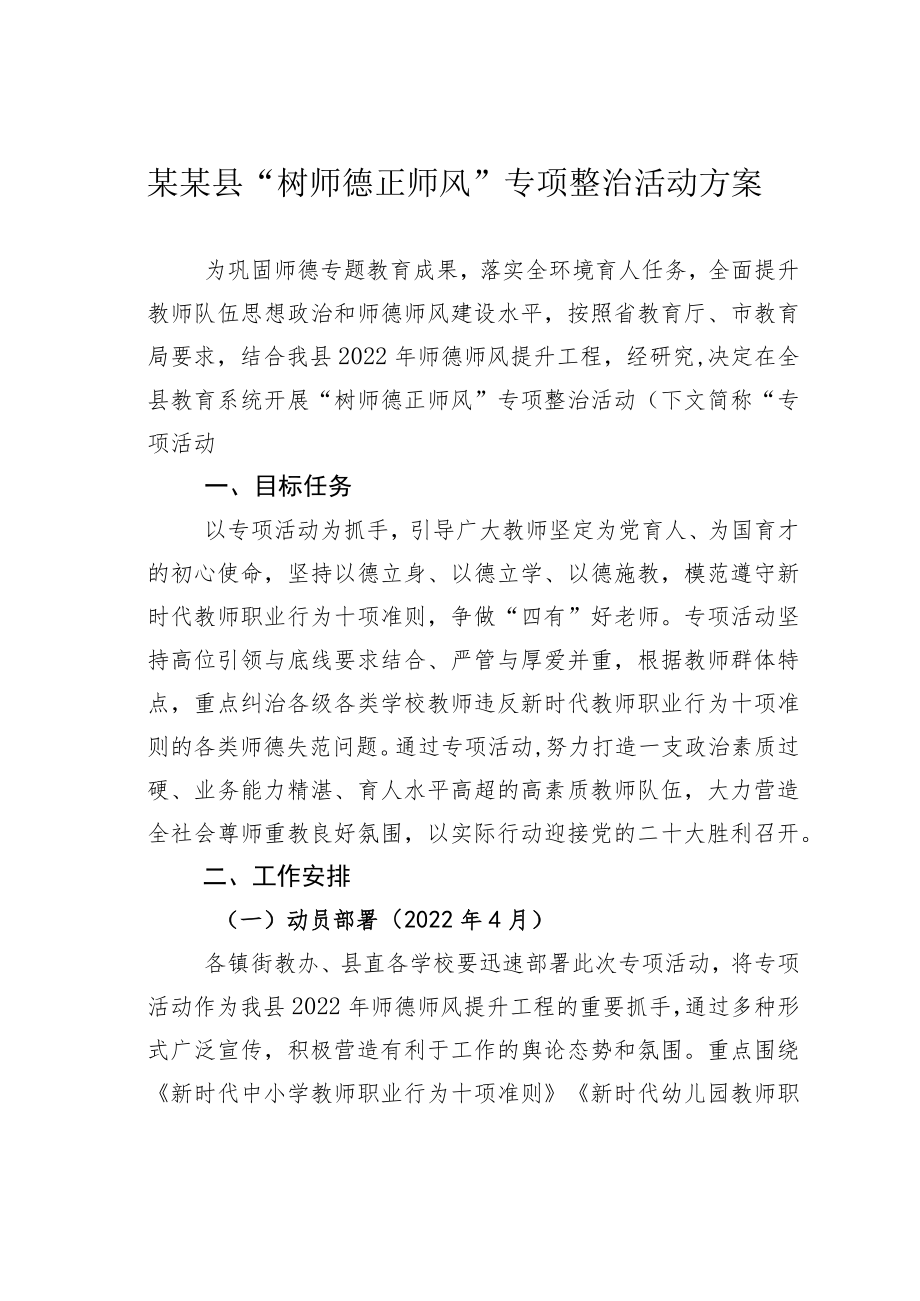 某某县“树师德正师风”专项整治活动方案.docx_第1页