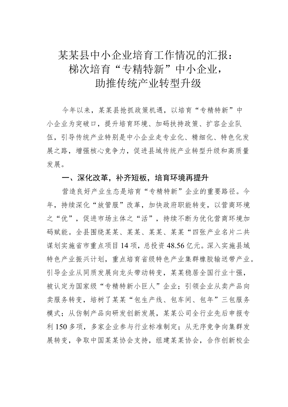 某某县中小企业培育工作情况的汇报：梯次培育“专精特新”中小企业助推传统产业转型升级.docx_第1页