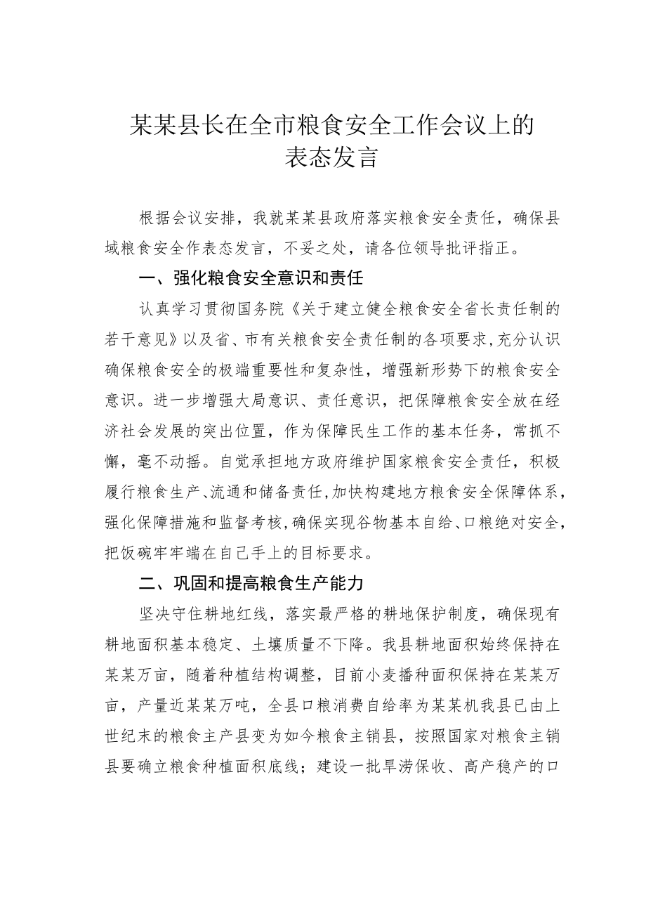 某某县长在全市粮食安全工作会议上的表态发言.docx_第1页