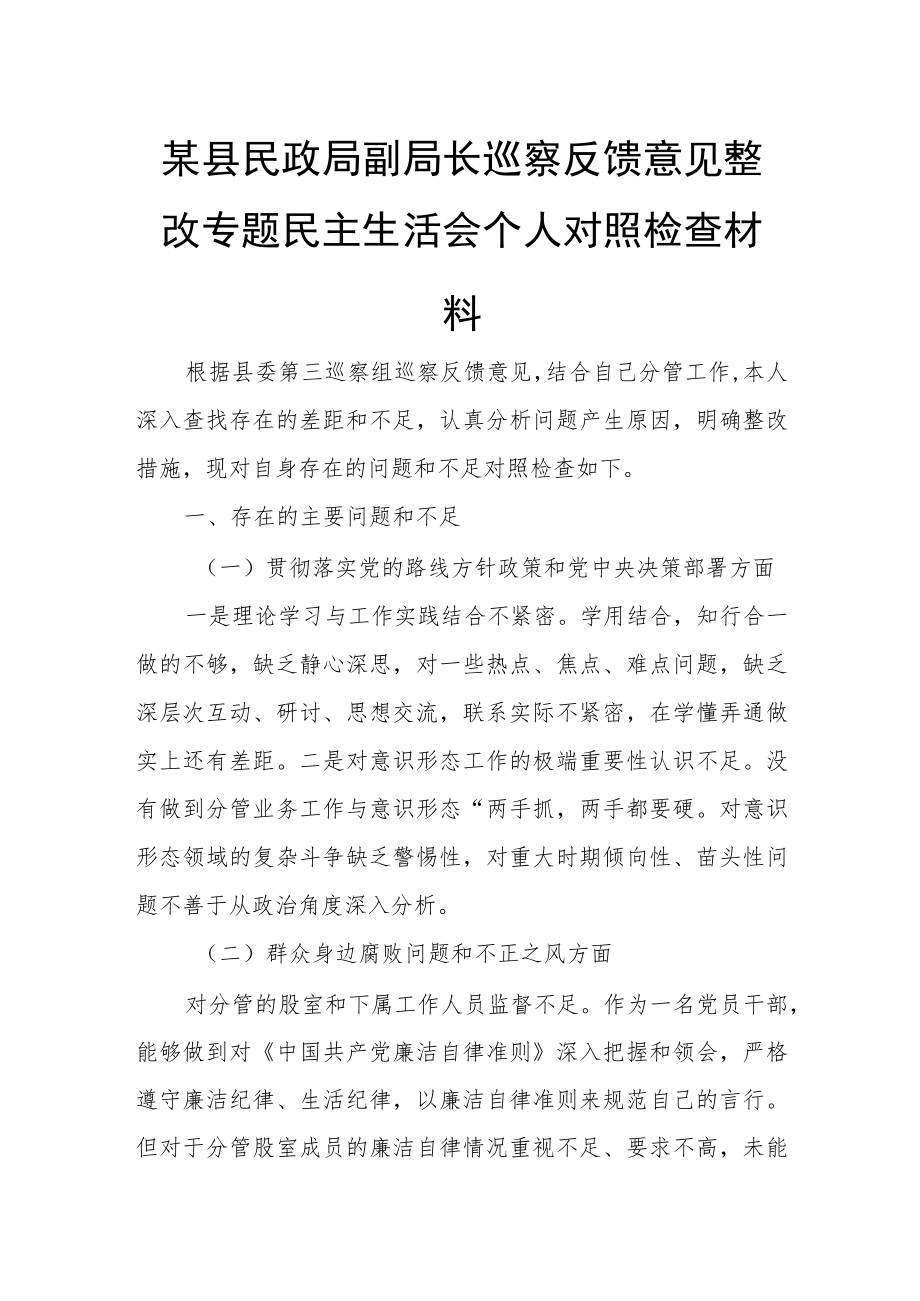 某县民政局副局长巡察反馈意见整改专题民主生活会个人对照检查材料.docx_第1页