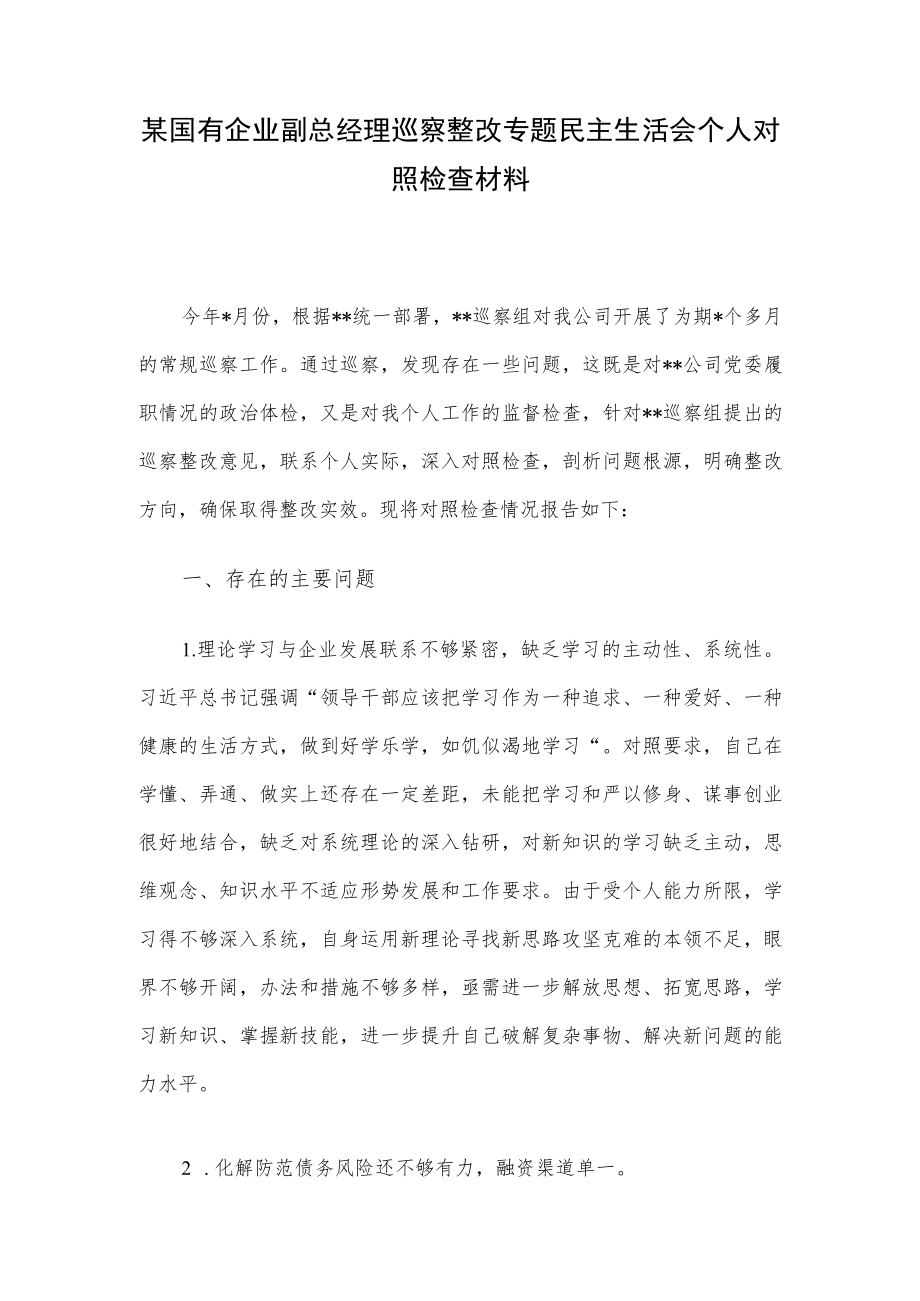 某国有企业副总经理巡察整改专题民主生活会个人对照检查材料.docx_第1页