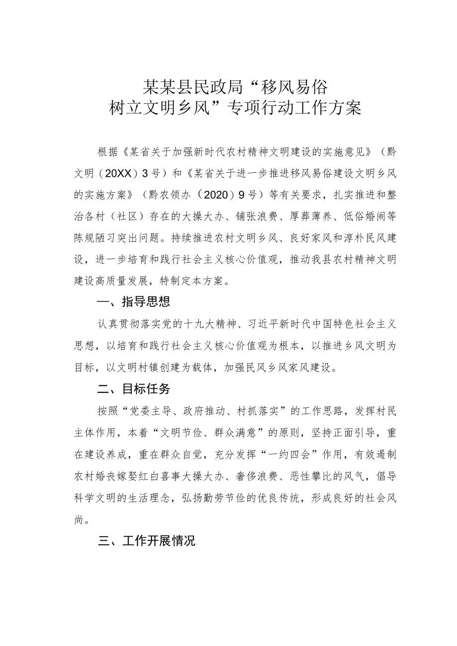 某某县民政局“移风易俗树立文明乡风”专项行动工作方案.docx_第1页