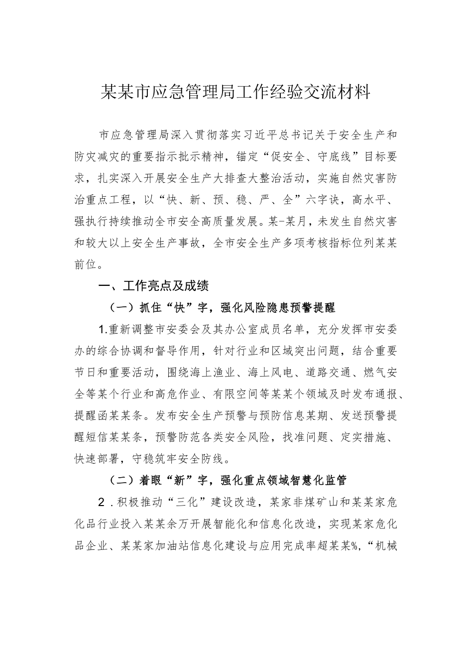 某某市应急管理局工作经验交流材料.docx_第1页