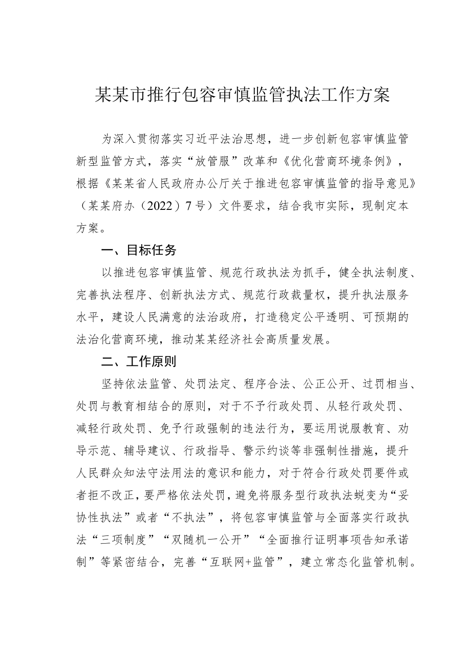 某某市推行包容审慎监管执法工作方案.docx_第1页