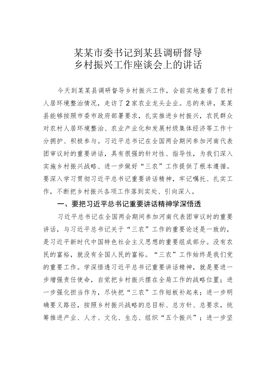 某某市委书记到某县调研督导乡村振兴工作座谈会上的讲话.docx_第1页