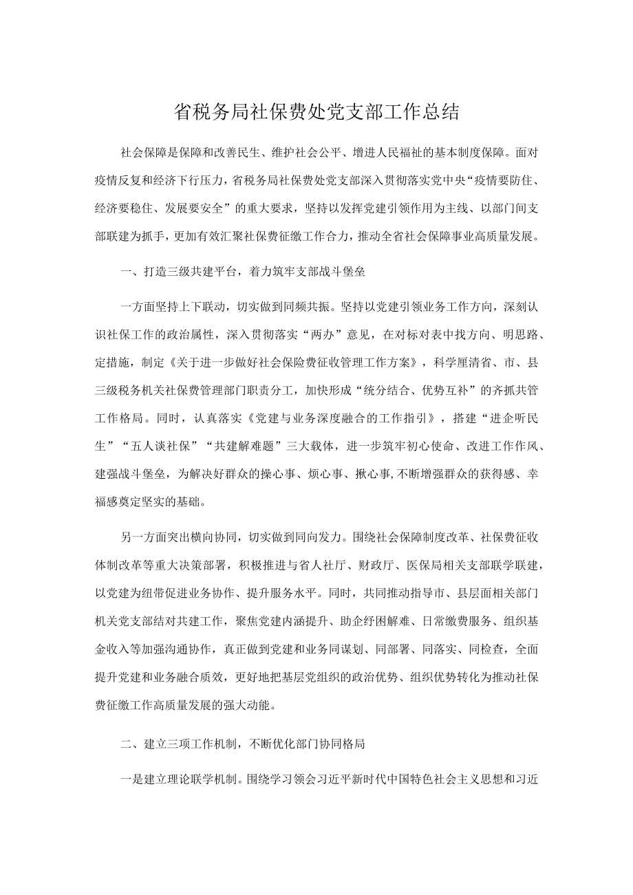 省税务局社保费处党支部工作总结.docx_第1页