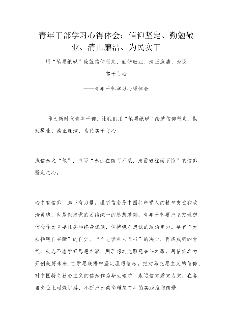 青年干部学习心得体会：信仰坚定、勤勉敬业、清正廉洁、为民实干.docx_第1页