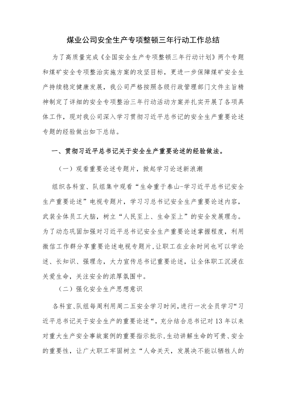 煤业公司安全生产专项整顿三年行动工作总结.docx_第1页