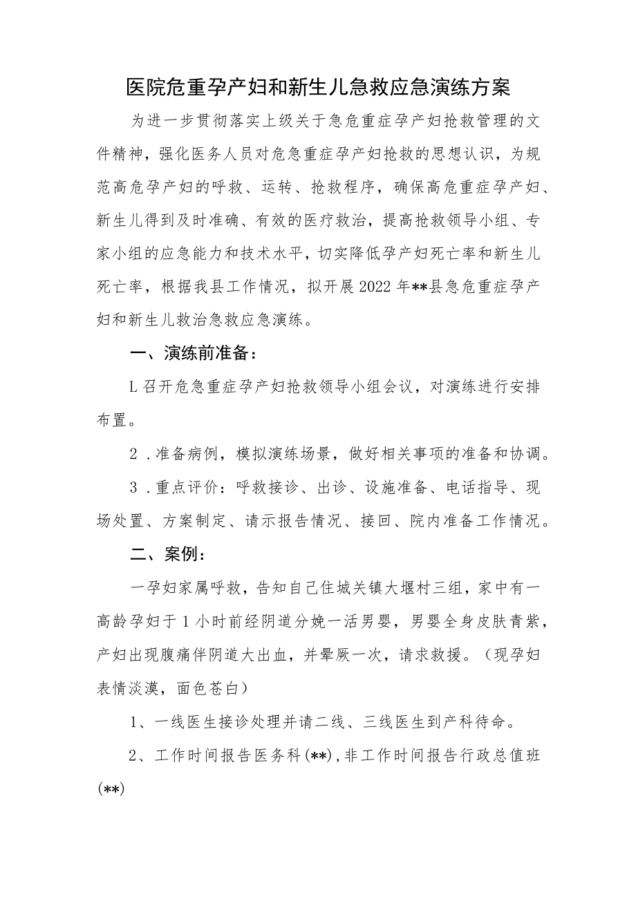 医院危重孕产妇和新生儿急救应急演练方案.docx_第1页