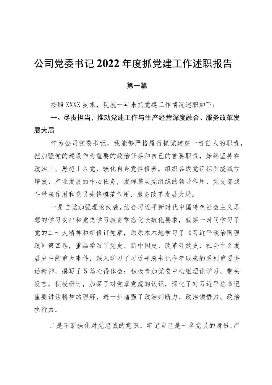 公司党委书记2022年度抓党建工作述职报告共2篇.docx_第1页
