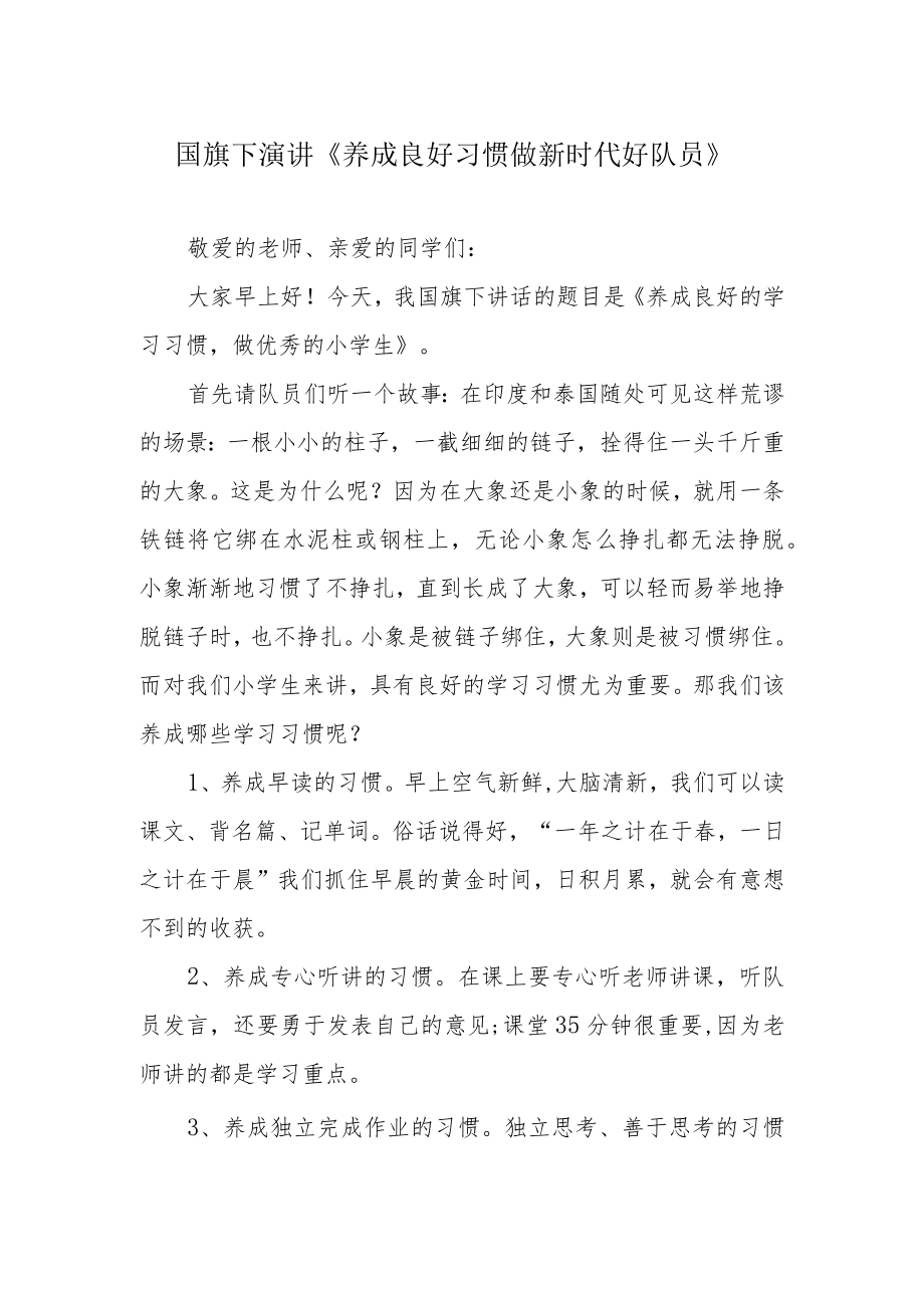 国旗下演讲《养成良好习惯 做新时代好队员》.docx_第1页