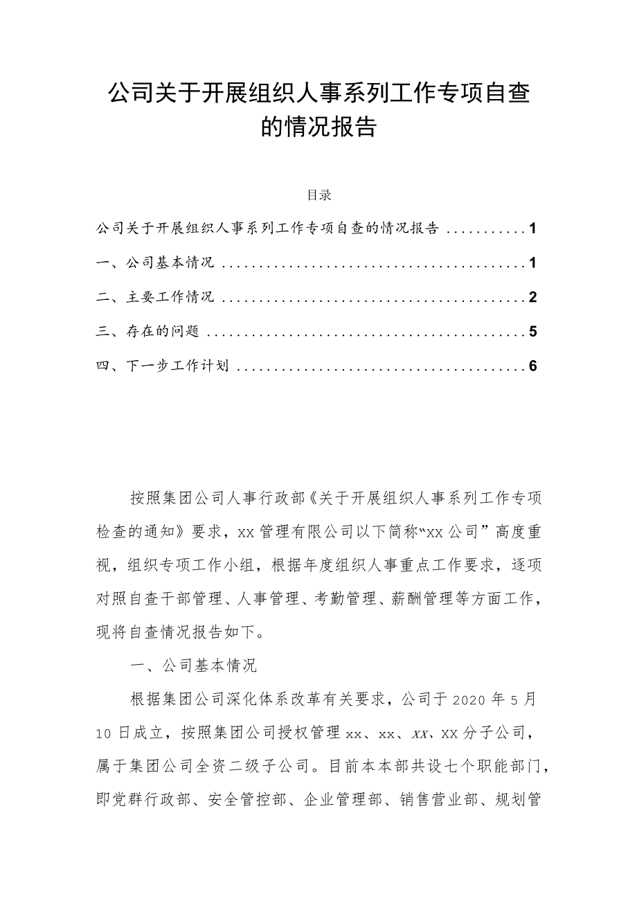 公司关于开展组织人事系列工作专项自查的情况报告.docx_第1页