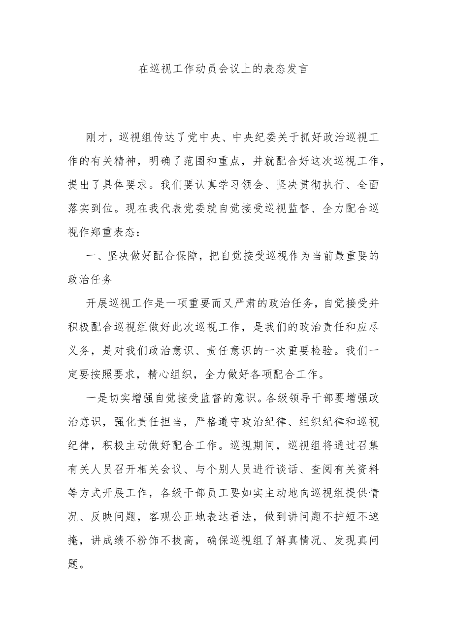 在巡视工作动员会议上的表态发言.docx_第1页